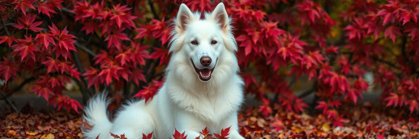 A beautiful white dog, possibly a White Swiss Shepherd, is nestled among a backdrop of brilliant red maple leaves